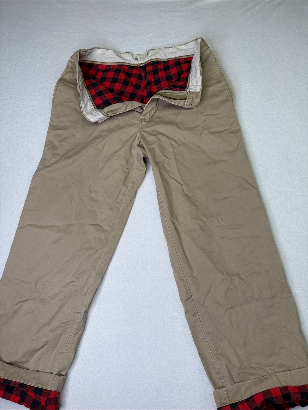 J. Crew Tan Chinos with Red Plaid Lining